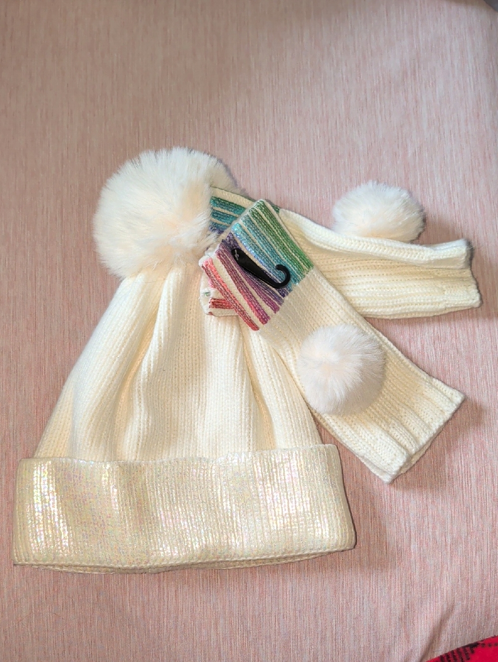 bp Cream Knit Pom Pom Hat and Matching Gloves with Rainbow Details